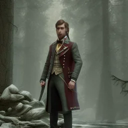 Full body, 3d render, Harry Potter 1800's men style, 1800's hair style, 1800's men clothes style, hunting, hyper realistic, octane render, unreal engine 5, 8k, palace background, uhd