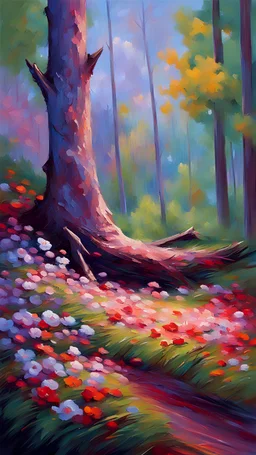impressionism-style oil painting of a tree falling down in a forest with beautiful flowers