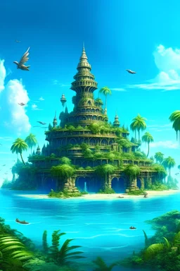 A D&D mysterious jungle island with ruins of monumental buildings, coral architecture, magical domes holding seawater, symbiotic arcitecture with jungle and ocean, spiral tower reminiscent of seashells, clear blue sky,