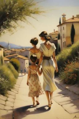 cote d'azur mother and child walking hand in hand from the back painting neoclassism