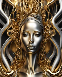 a close up of a woman's face with a gold and silver background, detailed digital 3d art, liquid sculpture, 3d render digital art, amazing detail digital art, made of liquid metal and marble, abstract 3 d artwork, incredible digital art, stunning digital art, intricate artwork. octane render, gorgeous digital art, great digital art with details