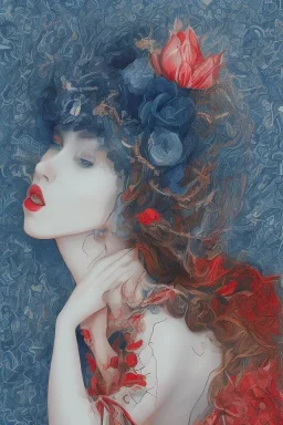 blue Pencil drawing of a woman with red lips and flower in hair on watercolor paper