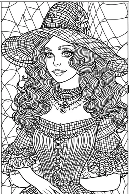 coloring pages for adults, beautiful girl in hallowen costume, in the style of Blocky, Swirly lines, Low Detail, Graded background, Black and white, No Shading, --ar 9:16