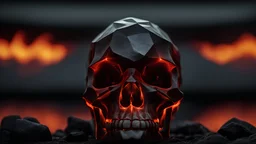Only a frosted glass low polygonal skull, emitting light from the eyes, placed in high-temperature volcanic magma, surrounded by intense eruptions of magma, dim night, minimalist style, clean background, and focused on the product. High resolution, fine detail natural realism photography, 8k, top view, studio lighting, depth of field