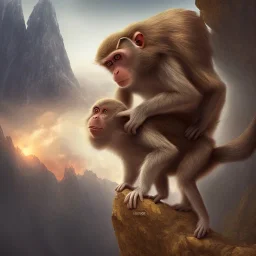 a smart monkey on a mountain, cartoon, dramatic light, close up, smoky background, cinematic