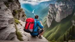 photo from a man falls down the mountain with a backpack, he falls from a high cliff into the abyss, detalied, Professional photography, natural lighting, canon lens, shot on dslr 64 megapixels ,sharp focus