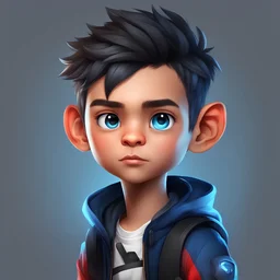 create an avatar of a young boy, he is a gamer and has blue, black or red clothes. He has a serene look.