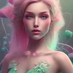 fairy, pink, green, beautiful, hyperrealism, masterpiece, expert, volumetric lighting, sharp focus, 8K, pastel, macro lens, woman, detailed, flower