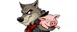 wolf carrying a scared pig general under his arms , stupid cartoon, airbrush and pen outline