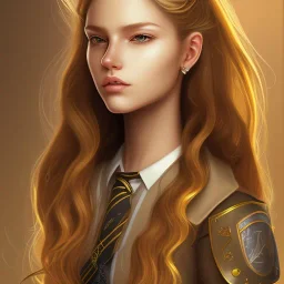 Girl with long wavy brown blond hair, yellow hawk eyes. Wears Hogwarts Hufflepuff uniform and sunglasses with a yellow clip.