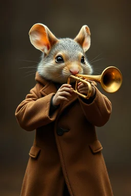 A mouse warring a black coat dressed brown coat, playing the trumpet