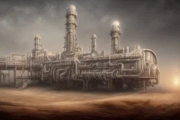 Train and oil platform in the desert painted by HR Giger