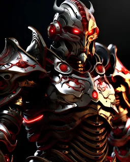 silver metal armor with red and gold highlights, glowing red eyes