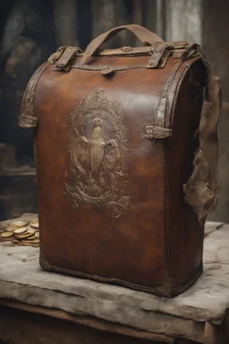 in the BASEMENT there is an old, broken brown oblong leather chest with short handles, with a hole on the side, gold coins from the time of Catherine the Great fall out of it. The ancient coat of arms of tsarist Russia, the double-headed eagle, is BARELY VISIBLE on the bag. All in high quality 8K