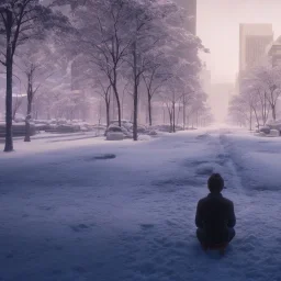 foto tirada por tras de um homem solitário sentado no chão, nas ruas de tokyo, na neve na noite de natal pós apocalipse, particulas, lua cheia