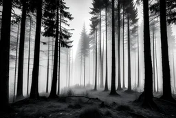 moody forest scene , pomd, black and white, black forest, foggy