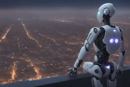 Humanoid robot looking out over an alien town skyline at dusk