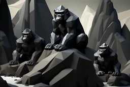 llow-poly, cutout, deconstruct, sharp edges, extreme minimal art, dark brown, black and dark grey colors, like higher poly rocks looks like foure gorillas it blends into the rock in the background to a road, background is rocks