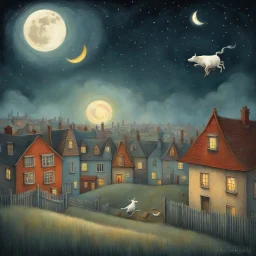 by Shaun Tan, whimsical and charming storybook illustration of the classic Cow leaping over the Moon fable. The background features a beautifully illustrated suburban landscape, with colorful houses. Nighttime. The textures of the storybook pages can be seen on the edges of the illustration. The overall atmosphere is nostalgic, inviting readers to revisit this timeless absurd tale.