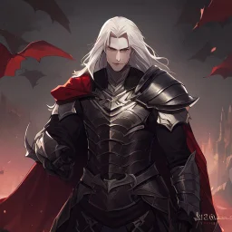 Vampire knight, young man, handsome, long white hair, black full plate armor, red cape