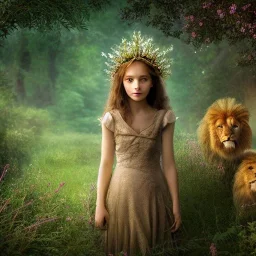 Young beautiful girl stands next to majestic, stunning lion on nature forest path, floral crown on girl, Chronicles of Narnia, 8k resolution, high-quality, fine-detail, iridescent, intricate, digital art, detailed matte, volumetric lighting, beautiful, illustration, 3D octane render, brian froud, howard lyon, selina french, anna dittmann, annie stokes, lisa parker, greg rutowski,