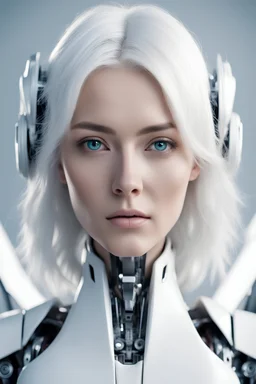 Facing front robot, beautiful woman, white hair, angel,