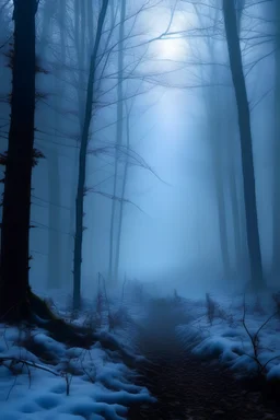 Bosque cinematografico cubierto de niebla y iluminación cafe matizada en azul y quieda de muita nieve