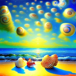 Dibujo al oleo de Conchas pintadas con nubes de colores en la orilla de la playa, con nubes de colores, pájaros, barcas, con estilo de Van Gogh 4k