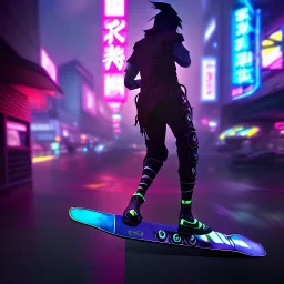 photo of a ninja riding a skateboard; dragon; in an alternate universe in tokyo; cyberpunk; realistic; rain; neon signs