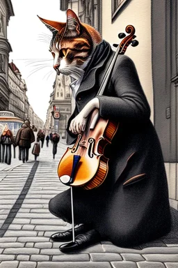 One single mature cat playing violin on the street, Vienna,thoughtful, mourning, model style, hyper realistic, extremely accurate, delicate, extremely detailed, Graphic novel style, wide-angle, open aperture, superfine pencil