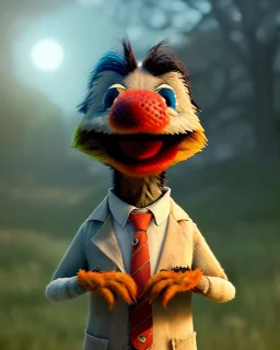 Realistic image, hybrid character, Sesame Street muppet, head, man body, human arms and hands, Shirt and tie, Wes Anderson style, concept art, smooth, unreal engine 5, god lights, ray tracing, RTX, lumen lighting, ultra detail, volumetric lighting, 3d, finely drawn, high definition, 4k.