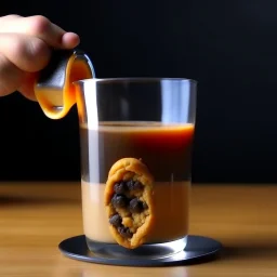 Pour milk into a clear glass cup. Inside the cup is a whole cookie.