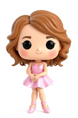 Funko figure of a very young female, smiling, medium very wavy light brown hair, wearing a ballerina dress, pink dress, ballet, very cute, ballet pose,. typography, 3D render. White background