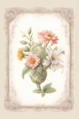vintage birthday card, pencil drawing, flower frame at the edge