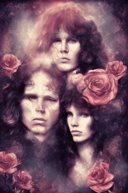 Jim Morrison and Pamela Courson ,music, NSFW, watermark, bohemian style , blurry,beautiful faces,elegant,roses, art by anna dittman