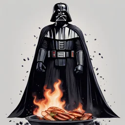 Create a beautiful illustration that showcases Darth Vader, adorned in his iconic black cape, standing over a bbq. White background.