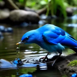 a blue bird drinking water form the river