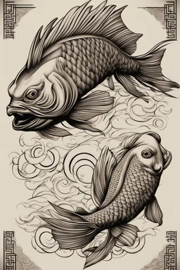 Create a captivating modern 2d ink tattoo design for print , prestigious Sacred Carp using the elegant influences of japan art style, for print, dynamic elements from fashion and design, and bold Japanese contemporary art aesthetics, framing centered in the center, distanced from the edges of the paper perimeter, perfect anatomy, bauhaus, Divine Proportion,