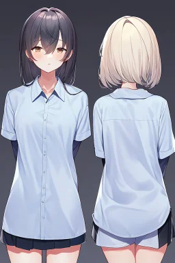 anime waifu wearing a pyjama shirt and a short skirt with her back turned