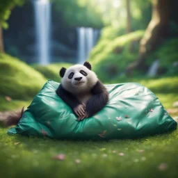 pen outline, waterfall, panda monkey rat in luxury sleeping bag on green lawn in magical forest ,bokeh like f/0.8, tilt-shift lens 8k, high detail, smooth render, down-light, unreal engine