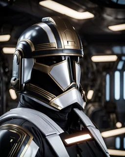 star wars bald male corellian pilot wearing pearlescent black and gunmetal grey First Order special forces armored flightsuit and helmet with gold trim inside the jedi temple, centered head and shoulders portrait, hyperdetailed, dynamic lighting, hyperdetailed background, 8k resolution, volumetric lighting, light skin, fully symmetric details