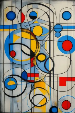 Abstract wet oil painting, ink lines, interlinked circles, mondrian