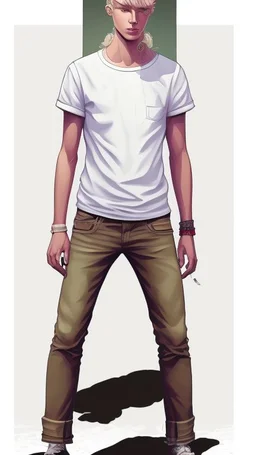 Teen man, blond hair, perfect face, style of tomer hanuka, jeans, white, t-shirt, pompadour