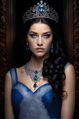 dark brown wood panel background with an overhead spotlight effect, 18-year-old Princess, Wendy Breeze, Queen of Werewolves, with Black hair, blue eyes, stacked, head and shoulders portrait, wearing a blue, lacy Prom dress with a tiara, full color -- Absolute Reality v6, Absolute reality, Realism Engine XL - v1
