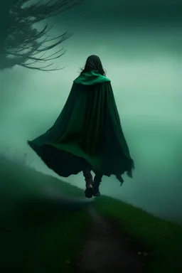 cielo de dia, tenebroso, con niebla, una mujer con capa verde caminando