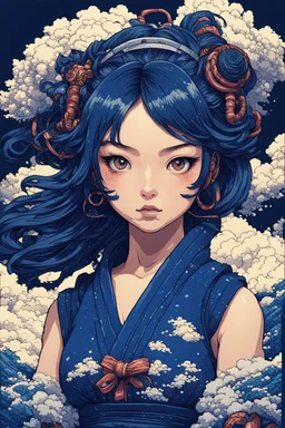 beautiful, cyberpunk, huge girl, petit girl, hyperdetailed, illustration by Katsushika Hokusai in 8bits, Pixel Art, darkblue tones,