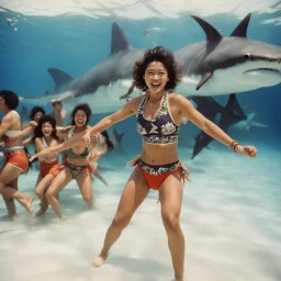 A happy Nomadic samurai woman, 24-years-old wearing a printed two-pieces swimsuit , swimming within from a group of aggressive sharks, the dance floorin the background, vintage 1980's photo