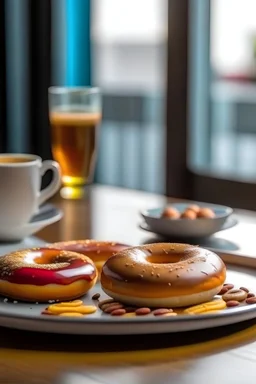 A larga cup of coffee and tasty donuts on a plate stand on a table, bright morning background