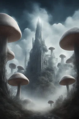 The future modern buildings in another dimension surrounded with mushrooms trees and stars and clouds and fogs, Busch painting nightmare style , 3D , scary, magical, mysterious
