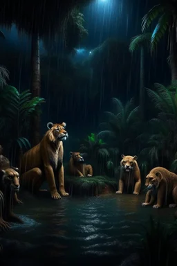 In night the jungle got flooded, and all animal were scared